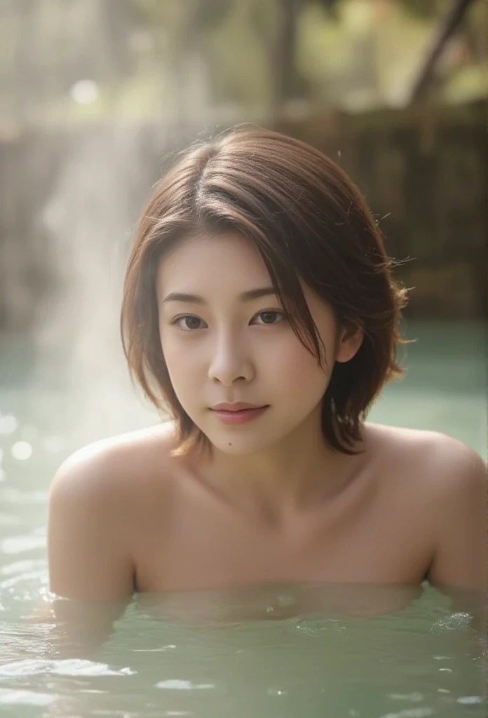 (nsfw:1.5)、(8k、   RAW photo 、   best quality、masterpiece:1.2)、(Realistic、Realistic)、( Ultra High Definition:1.4)、   1 girl、  Short hair 、   random poses   、   has a small head  、    very small breasts  、Nipples、vagina、 Outdoor hot spring、water vapor， Cherry Tree、  sunlight filtering through the trees 、Front View))、     Close up shot  、     natural makeup.