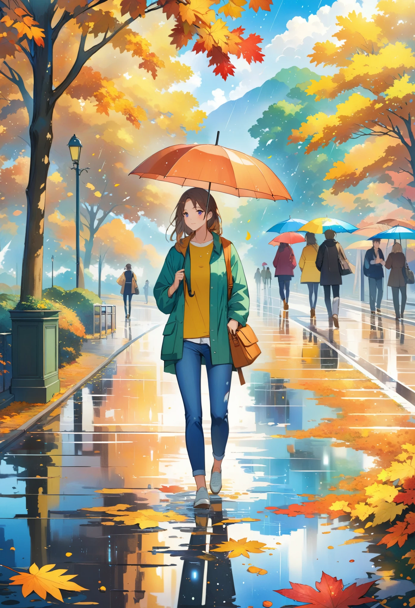 (anime :1.3), autumn, Foliage falls ,  People With Umbrellas , it&#39;s raining, puddles, reflections, raindrops,  Are Going In Casual Wear, bright colors,  Complex Details , 8 k, masterpiece,  best quality ,