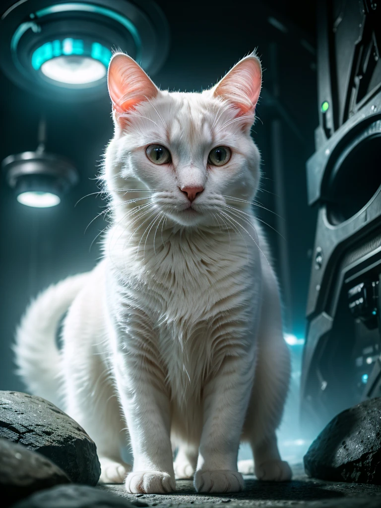 A close-up portrait of a white cat in a parallel universe, hyper detailed, cinematic, dramatic lighting, intricate sci-fi environment, neon lights, floating islands, alien architecture, glowing crystals, volumetric fog, futuristic, highly detailed, photorealistic, 8k, masterpiece, award winning, cinematic composition, dramatic angles, mood lighting, epic scale, sense of wonder, awe-inspiring