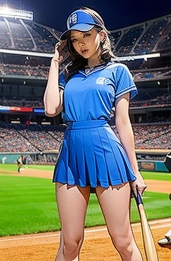  Very Beautiful Woman Wearing a Light Blue Uniform,Hit at Giants Stadium 、  Swinging a Bat 、Long legs、Stunning Legline Beauty 