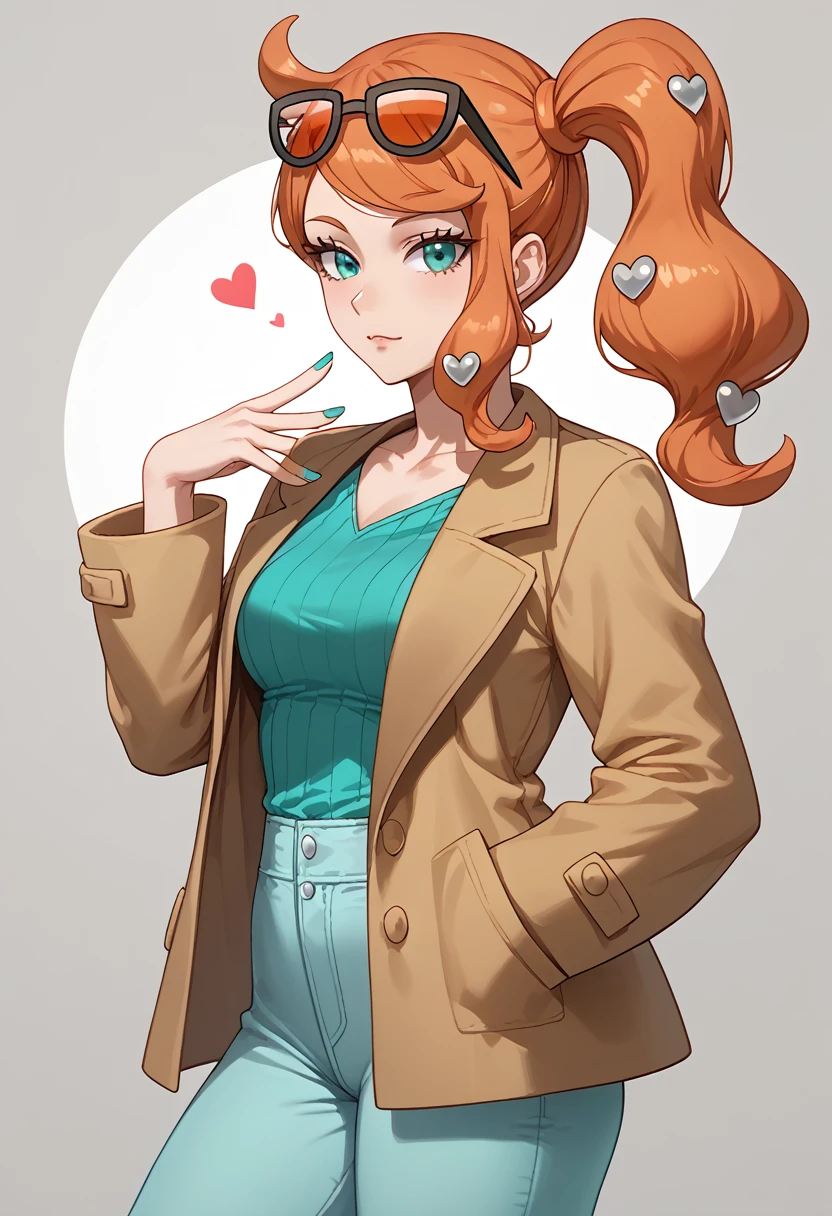 Perfect CG unity 8K UHD wallpaper, Perfect CG unity 8K UHD wallpaper, pokemonsonia, aqua eyes, heart, heart hair ornament, long hair, long sleeves, orange hair, side ponytail, swept bangs, aqua footwear, aqua nails, aqua shirt, brown coat, collarbone, eyewear on head, orange-tinted eyewear, pants, ribbed shirt,