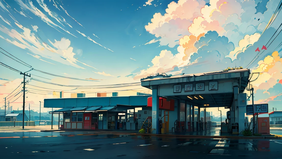 Petrol station, vibrant colors, highly detailed, masterpiece quality, cloudy sky, telephone poles, wide angle view, a girl is standing in the distance