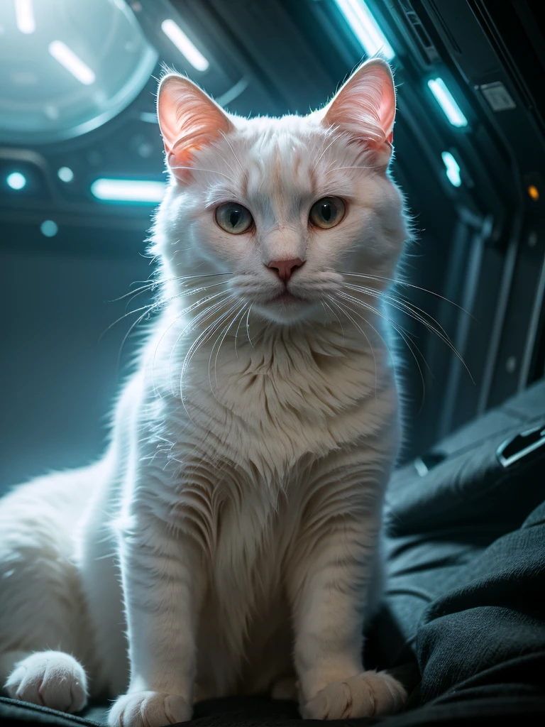 A close-up portrait of a white cat in a parallel universe, hyper detailed, cinematic, dramatic lighting, intricate sci-fi environment, neon lights, floating islands, alien architecture, glowing crystals, volumetric fog, futuristic, highly detailed, photorealistic, 8k, masterpiece, award winning, cinematic composition, dramatic angles, mood lighting, epic scale, sense of wonder, awe-inspiring