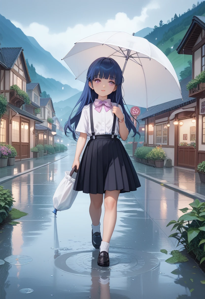  girl, Alone, Furude Rika,  long hair, blue hair, purple eyes, white shirt, pink bow, suspenders, black skirt, Country Road, rain,  walking woman, Hold an umbrella, Lush landscape, Reflected in a puddle, Small village, A mountain covered in fog