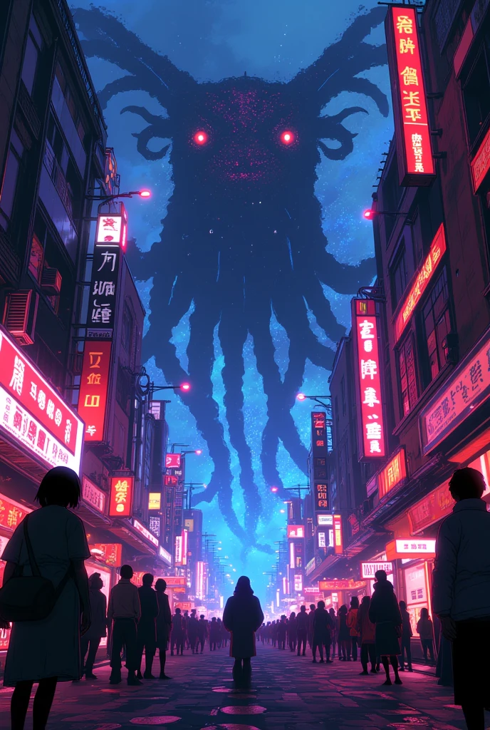 The detailed city street ， has Chinese neon signs hanging on both sides of the street，night，Fine light and shadow，Perspective angle，Human perspective， Skyscrapers ， A giant Cthulhu tentacle monster in the distance，Head covered with glowing eyes ，Spooky， Many people are armed and ready to fight， in the air，