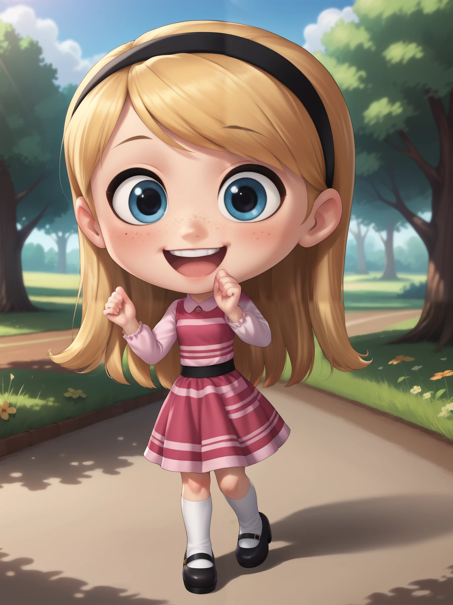 score_9, score_8_up, score_7_up, source_anime, best quality, masterpiece, highly detailed, 1girl, penny peterson, long hair, blue eyes, freckles, blonde hair, skirt, hairband, black hairband, white socks, dress, pink dress, long sleeves, mary janes, cute smile, happy, giggling Expression, laughter, teeth, Sakura trees, chibi, BREAK, BREAK lora:add-detail-xl:1>, zPDXLxxx, zPDXL2