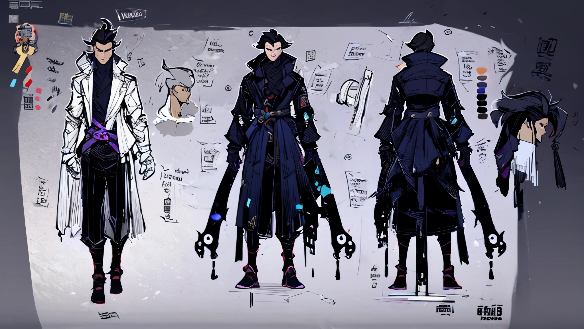 (masterpiece,  top quality),  detailed,  a boy, (( Character Concept Art )), (( character design sheet , Same characters, forward, ~ side, return)),  many items , (Mechanical skin , Handsome,  glowing joints,Tech fabric , Many parts),  long hair,Well-proportioned body,  detailed purple eyes,  detailed face, Various expressions ,  detailed hair,  formal style hairstyle ，male，Handsome， Chinese style，