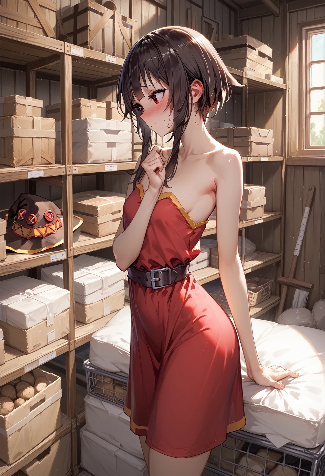 Megumin,sexy, small boobs,Look away、 embarrassed 、Red face, black underwear、The storeroom shed 、The red dress that is about to be taken off、soft