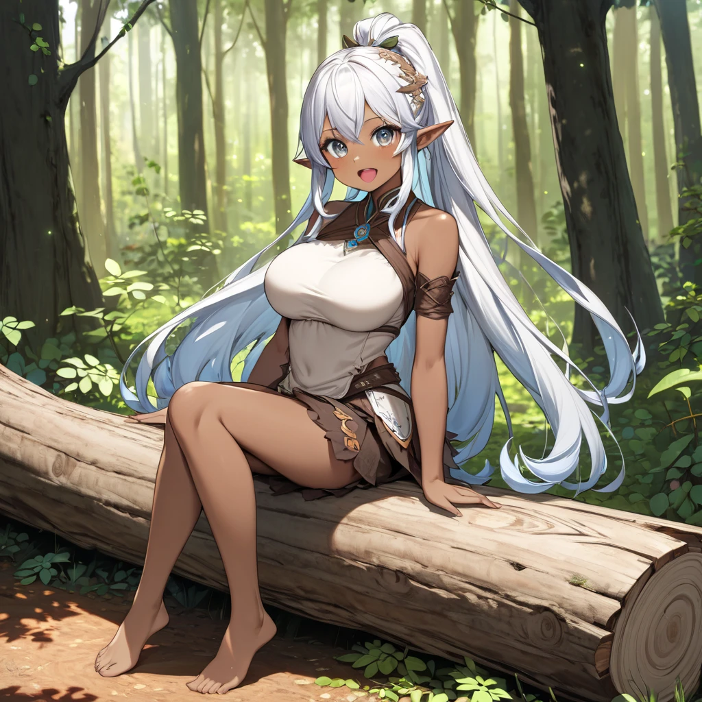 Elf, hime cut, long hair, K cup breast, thicc thigh, hourglass figure, white tank top, no bra, see through, micro denim shorts, fishnet stockings, park scene clear view