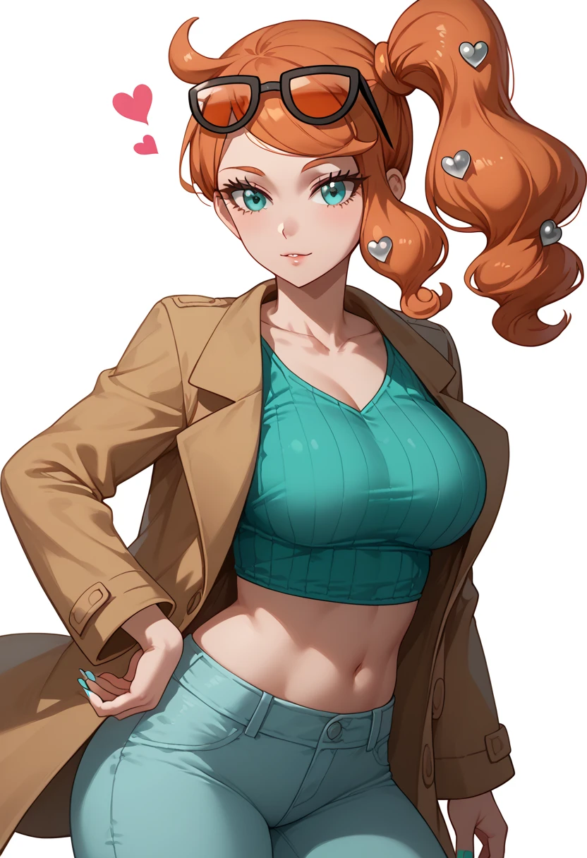 Perfect CG unity 8K UHD wallpaper, Perfect CG unity 8K UHD wallpaper, pokemonsonia, aqua eyes, heart, heart hair ornament, long hair, long sleeves, orange hair, side ponytail, swept bangs, aqua nails, aqua croptop, midriff, brown coat, collarbone, eyewear on head, orange-tinted eyewear, pants, ribbed shirt, large breasts