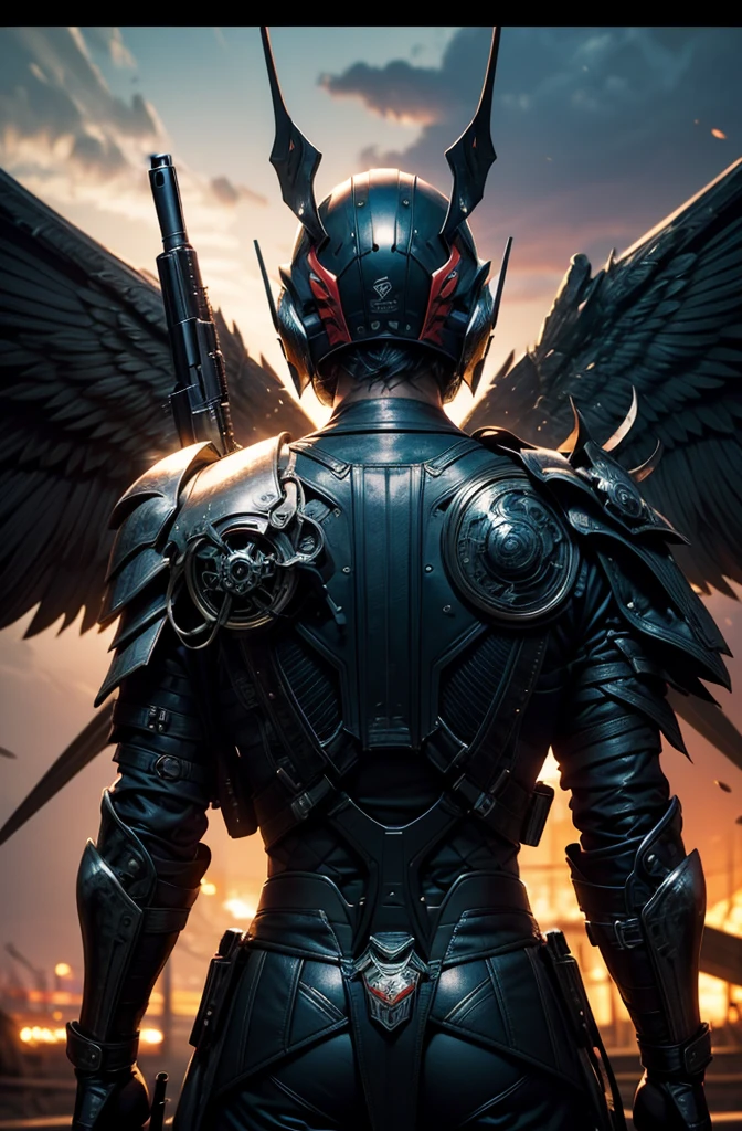  Masterpiece, 8K PHOTOS , Best Cinematic Quality,  Sleek Haired Boy with Dirty Dark Hair chhdsrmr hlhdsrmr nhdsrmr,  Fighting Stance ,( mask ),(Black Armor)
(Wings on your back),(whole body), cowboy shot, ((Shooting a gun)),(facing forward),( flying), Kamen Rider 