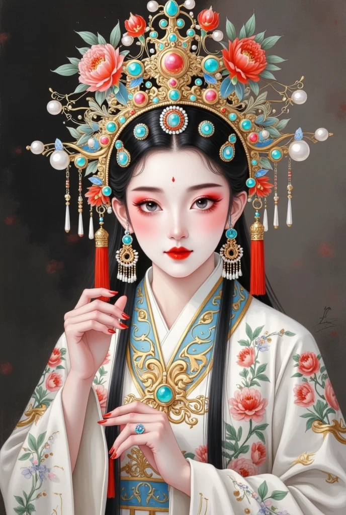 Fine-brush Painting：Chinese Peking Opera ，Peking Opera，Opera dress up， very beautiful girl ，Red Eyeshadow， red face ，Red lips，，front， skin details ，Fine hair。Crown(Dot emerald +Cloisonne+ filigree enamel+flower+pearl+tassel)， upper body，hand，Red nails，flower旦，shadow play，antiquity，Hanfu，Ink Painting，painting，Blooming，Red and black