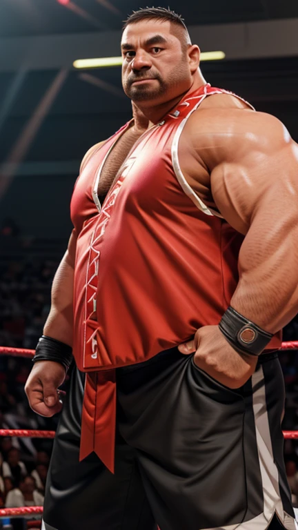  fat middle aged male professional wrestler。Huge belly。 huge muscles。 Details。Precise depiction。 highest resolution。Maximum number of pixels。 Best Picture Quality 。 hyperreal 。 photorealistic。