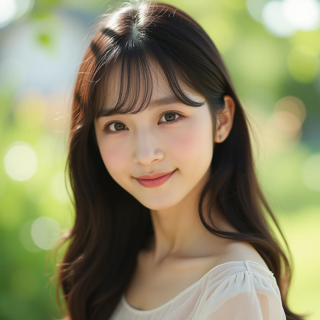 1 girl, (Wearing casual clothes for spring:1.2), Very beautiful Japanese idol portraits, 
(Raw photo, highest quality), (realistic, Photoreal:1.4), (masterpiece), 
very delicate and beautiful, very detailed, 2k wallpaper, wonderful, finely, Very detailed CG Unity 8K wallpaper, Super detailed, High resolution, soft light, 
beautiful detailed girl, long hair with bangs ,very detailed beautifully detailed nose, beautifully with fine eyes, cinematic lighting, 
(In the Garden:1.3), (parted bangs), 
complete anatomy, slender body, small breasts, smile