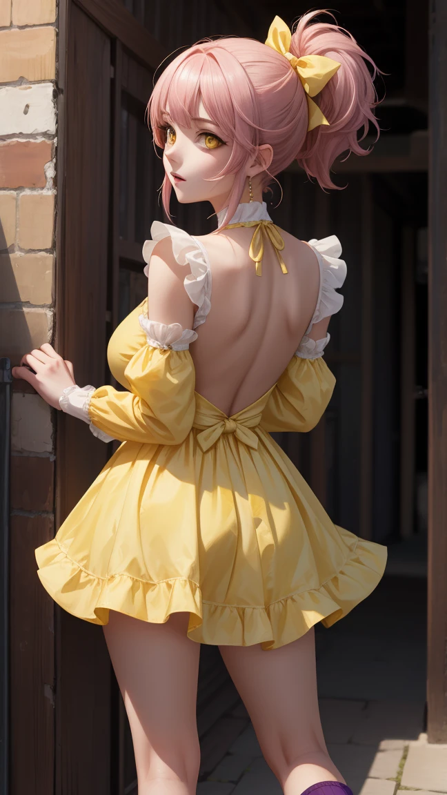 1girl,mature female,pale skin,huge breasts,mikajougasaki, mika jougasaki, hair bow, pink hair, (yellow eyes:1.5), ponytail. 
BREAK ((purple dress, puffed sleeves, socks, white socks, single leg socks, juliet sleeves, ruffle sleeves:1.2)), 
BREAK ((ARMS BEHIND BACK:1.5)),
BREAK (masterpiece:1.2), best quality, high resolution, unity 8k wallpaper, (illustration:0.8), (beautiful detailed eyes:1.6), extremely detailed face, perfect lighting, extremely detailed CG, (perfect hands, perfect anatomy),