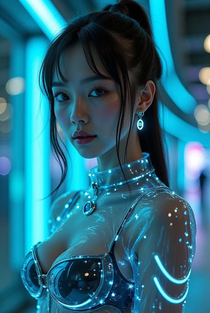 L1,  Full figure,full body shot,18 years old,wearing transparent science fiction clothes,exquisite face,details,hands,ultimate details,breathtaking grandeur,LED internal lighting,cyberpunk style,fibre optic hair,glowing blue iris,