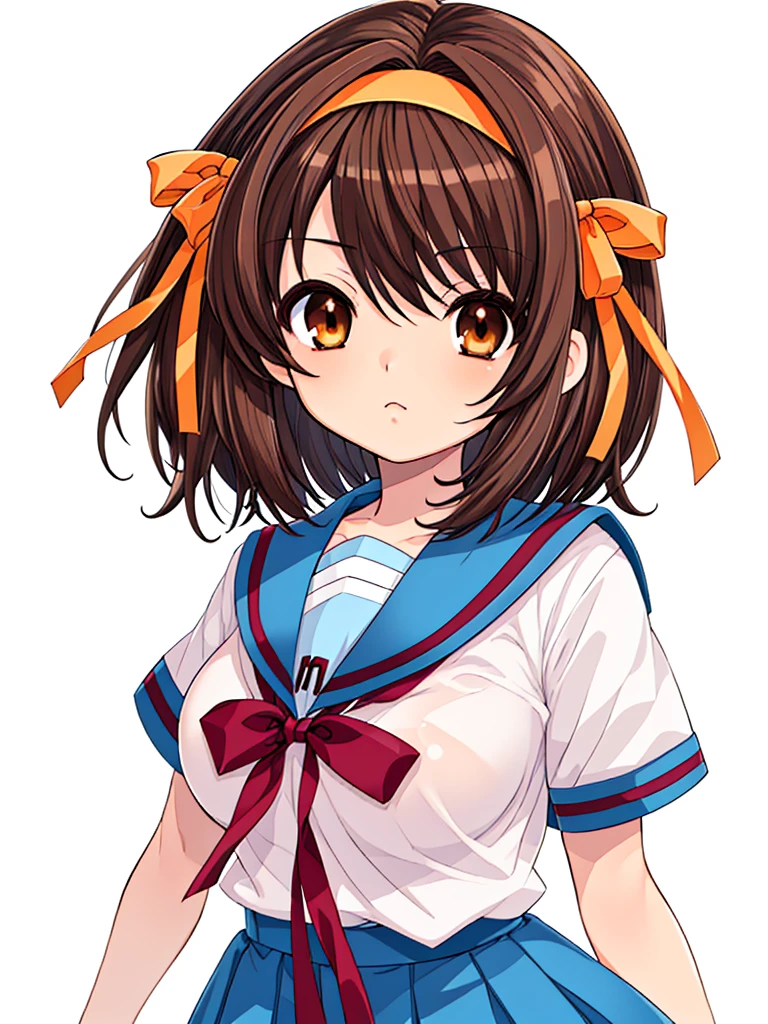 haruhisuzumiya, brown eyes, brown hair, medium hair, hair ribbon, hairband, kita high school uniform, serafuku, sailor collar, white shirt, short sleeves, Blue skirt, haruhi, medium breast, simple background, upper body