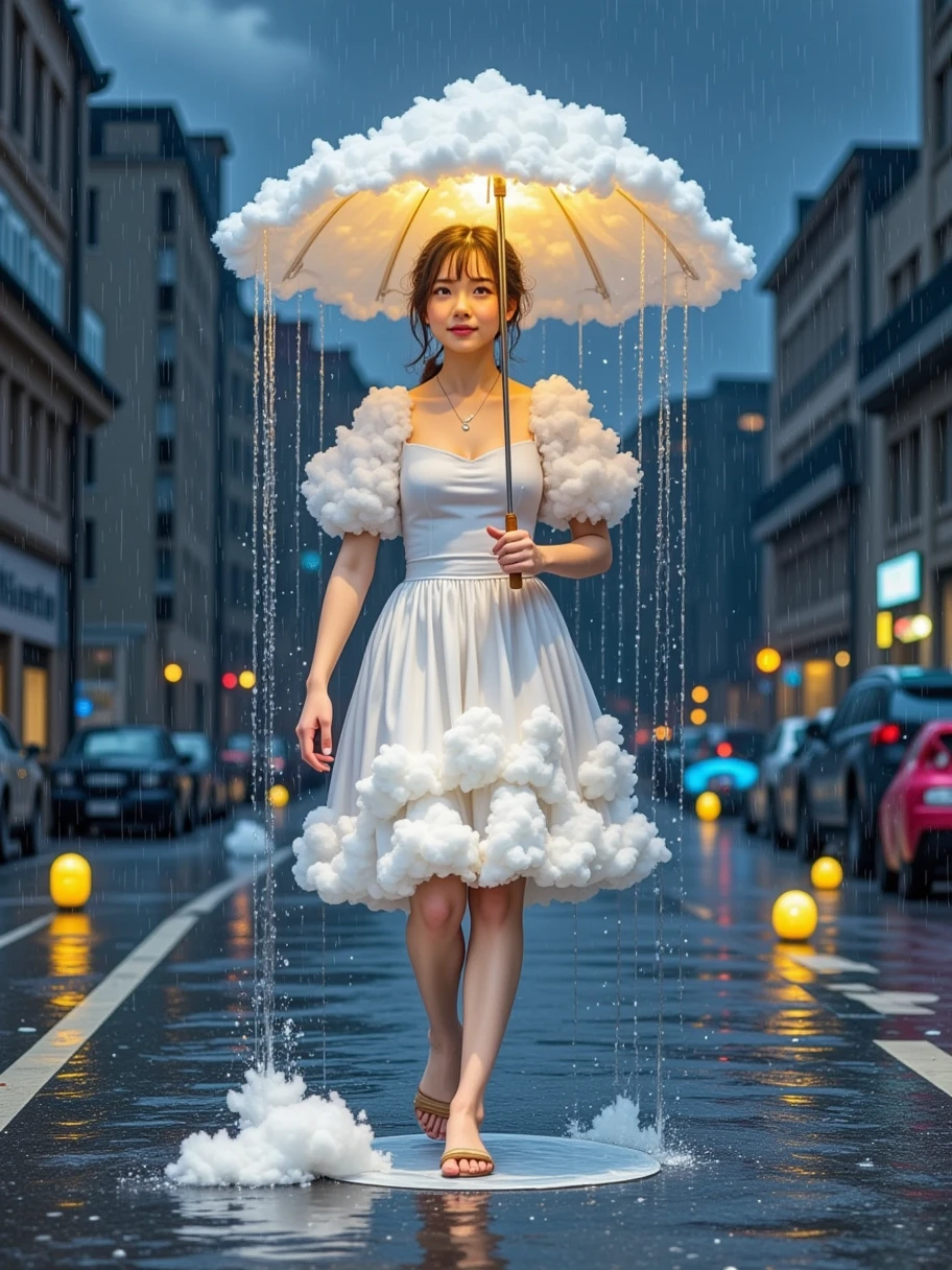 A photo-realistic scene of a cloud shaped like a man walking on a rainy day. The cloud figure, with well-defined human-like features but still fluffy and ethereal, is holding an umbrella. The setting is a typical rainy day with dark clouds overhead, falling raindrops, and wet streets. The cloud-man's umbrella is open, protecting him from the rain, which lightly passes through parts of his cloud body. The scene captures the everyday realism of a rainy day, with the unusual cloud figure blending seamlessly into the natural environment