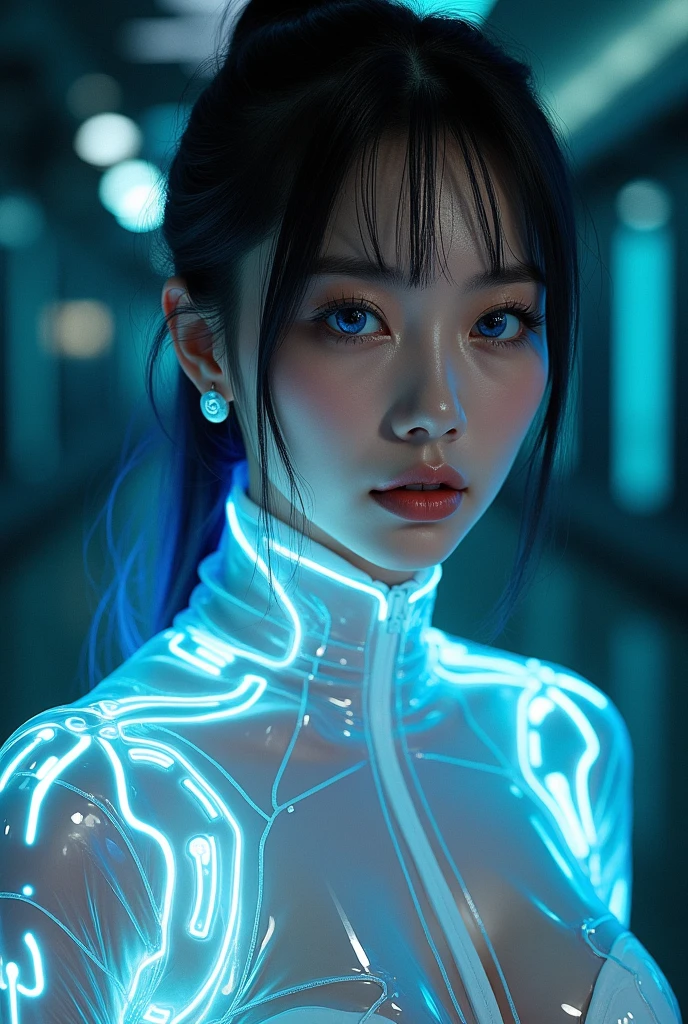 L1,  Full figure,full body shot,18 years old,wearing transparent science fiction clothes,exquisite face,details,hands,ultimate details,breathtaking grandeur,LED internal lighting,cyberpunk style,fibre optic hair,glowing blue iris,