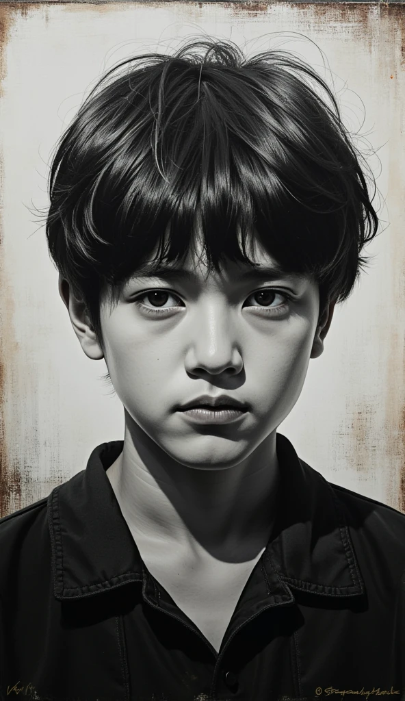 Comic boy in oil painting,   black and white 