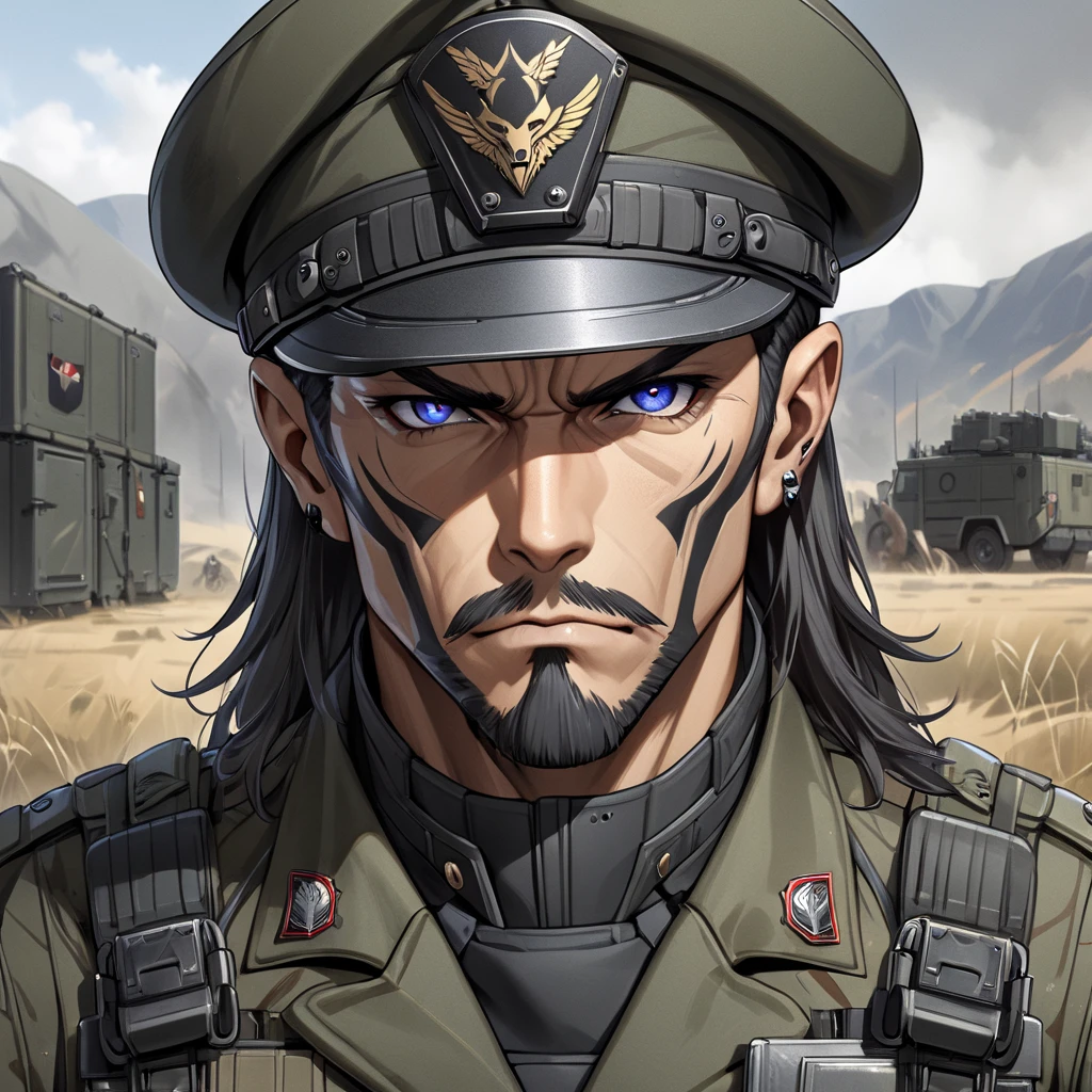 Create an image of General Kael Draven, a modern-day military general, in a standard military uniform. He has a strong, authoritative presence, with a fit, rugged physique. His uniform is traditional, consisting of a camouflage combat uniform with standard field gear—utility pouches, a belt with basic tools, and military boots. He wears a military beret or cap, displaying his rank insignia. His face is weathered and composed, with short, dark hair, a clean-shaven jaw, and piercing eyes that convey confidence and experience. His wolf-like ears are subtly visible, adding a unique and fierce touch to his appearance. His expression is calm yet intense, reflecting years of leadership in the field. The backdrop should show a military camp or command post, with simple tents, field radios, and maps—focusing on traditional military operations without any futuristic or high-tech elements