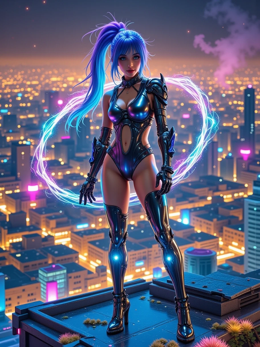 A striking woman with electric blue hair styled into a high ponytail stands on a rooftop, her cybernetic limbs glinting under the neon lights of a sprawling cyberpunk city below. She’s dressed in a high-cut, iridescent latex bodysuit that reflects the city’s lights, hugging her slim, athletic figure. Her left arm, a powerful, matte-black prosthetic with visible mechanical joints, holds a glowing energy whip coiled around her fingers. Her right leg, a sleek, chrome-plated limb with glowing blue accents, is bent at the knee, the stiletto heel of her boot digging into the rooftop’s edge. Her pose is both aggressive and seductive, her hips thrust forward, her chest out, commanding attention. The expression on her face: a mix of anger and seduction, her eyes glowing with a fierce, uncontainable energy. Background: a sprawling cityscape bathed in neon lights, the air thick with smoke and the hum of distant machinery, the atmosphere electric with rebellion and danger.