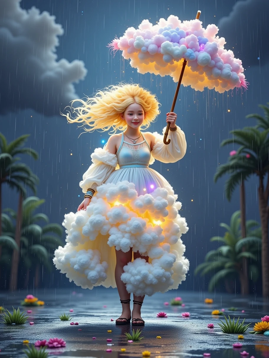 A photo-realistic scene of a cloud shaped like a man walking on a rainy day. The cloud figure, with well-defined human-like features but still fluffy and ethereal, is holding an umbrella. The setting is a typical rainy day with dark clouds overhead, falling raindrops, and wet streets. The cloud-man's umbrella is open, protecting him from the rain, which lightly passes through parts of his cloud body. The scene captures the everyday realism of a rainy day, with the unusual cloud figure blending seamlessly into the natural environment