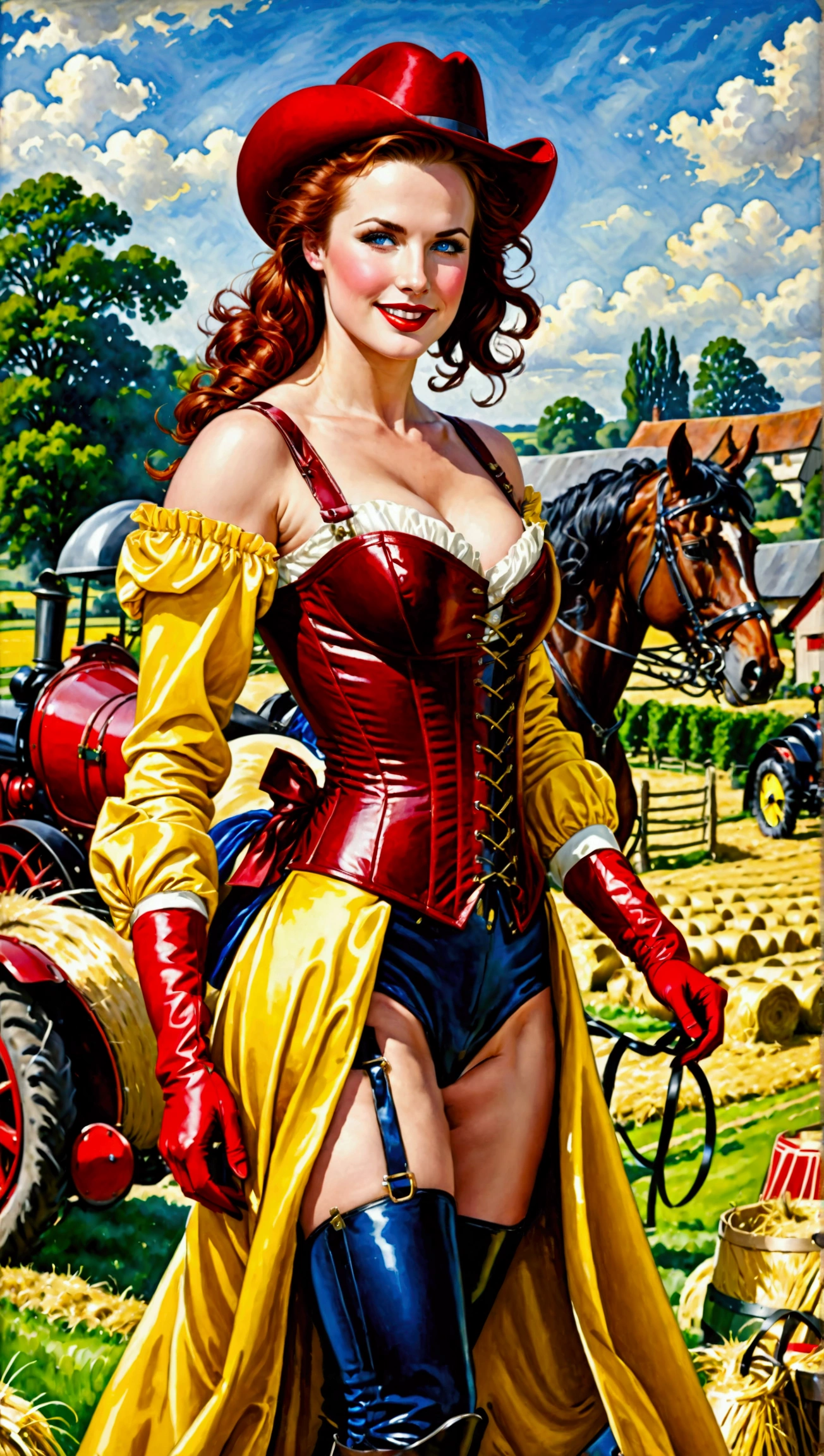 An English farm girl around 35 years old, wearing a low cut red leather corset, yellow velvet pants, very large breasts, very large cleavage, high heel boots, smile. She has the appearance of a dressage rider. The setting is a english farm 1920's, a farm yard with hay and farm equuipment, long red hair tied back, muscular, red lipstick, red gloves, blue eyes, black eye shadow, full height view,