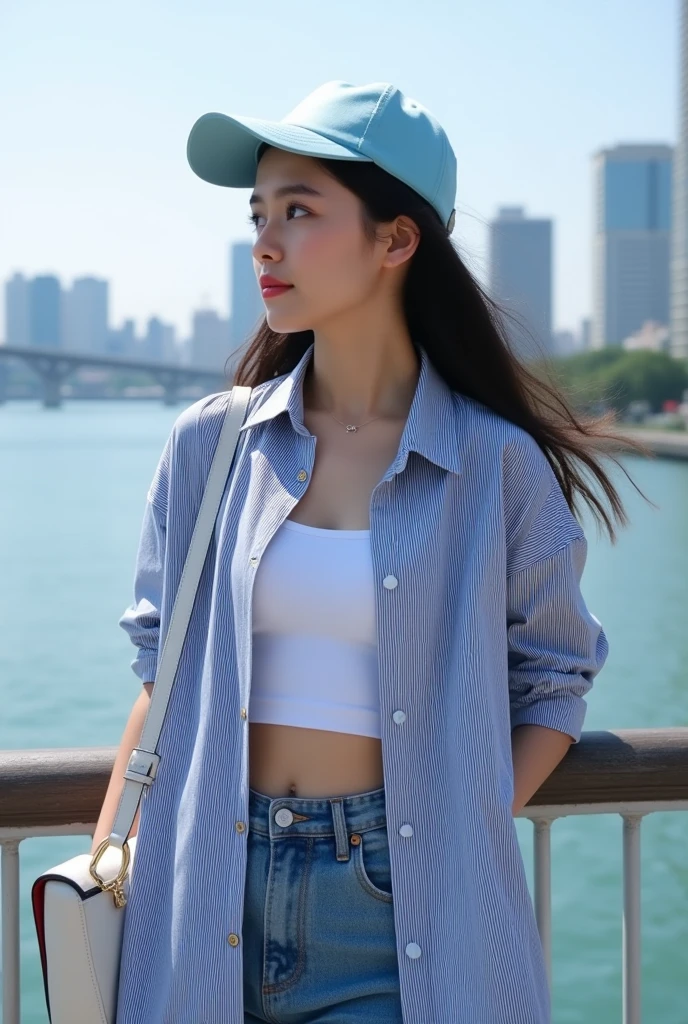 A medium shot of an attractive young Asian woman with long, dark hair, wearing a light blue baseball cap, a vertically striped blue and white oversized button-down shirt, a white crop tank top, and denim jeans. She carries a white handbag over her left shoulder. She's looking off to the left of the frame. She is leaning against a railing overlooking a body of water, with a city skyline and a bridge visible in the background. The overall lighting is bright and sunny, suggesting a daytime scene. The focus is on the woman. The image appears to be from a social media platform, possibly a selfie or a photo taken by someone else.