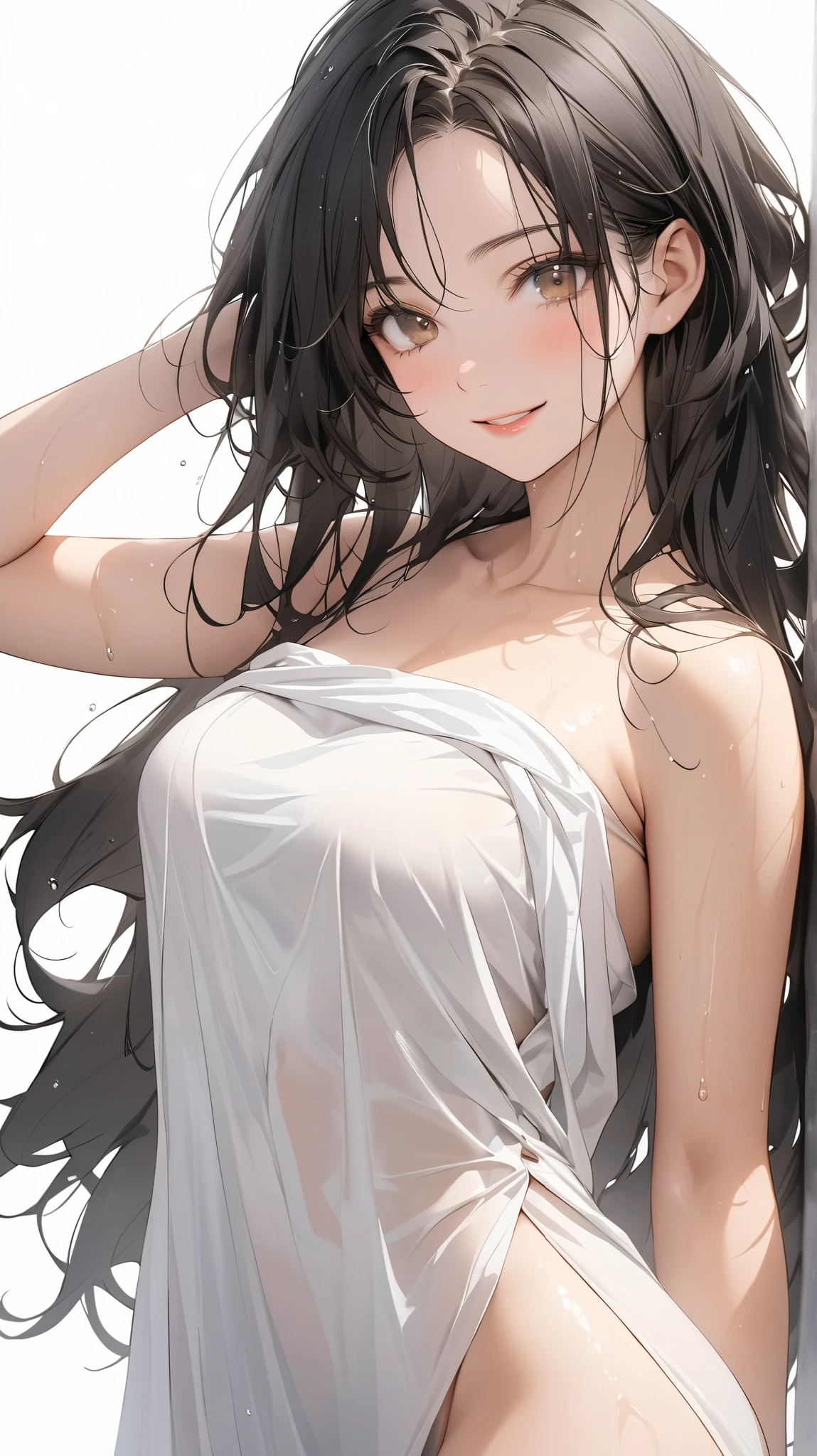face details,semi realistic, Masterpiece, Master work, perfect , 4k, 1woman, wet hair, mature body,medium size breast, straight half body long hair, middle parted hair style, large forehead, black colored hair, golden eyes, gentle smile expression face, wearing white shower towel, collarbone,showing thighs, pelvic curtain, standing pose, strong wind, messy hair, empty background, white background, high res, ultrasharp, 8K, masterpiece, looking at the viewer (masterpiece), best quality, expressive eyes, perfect face