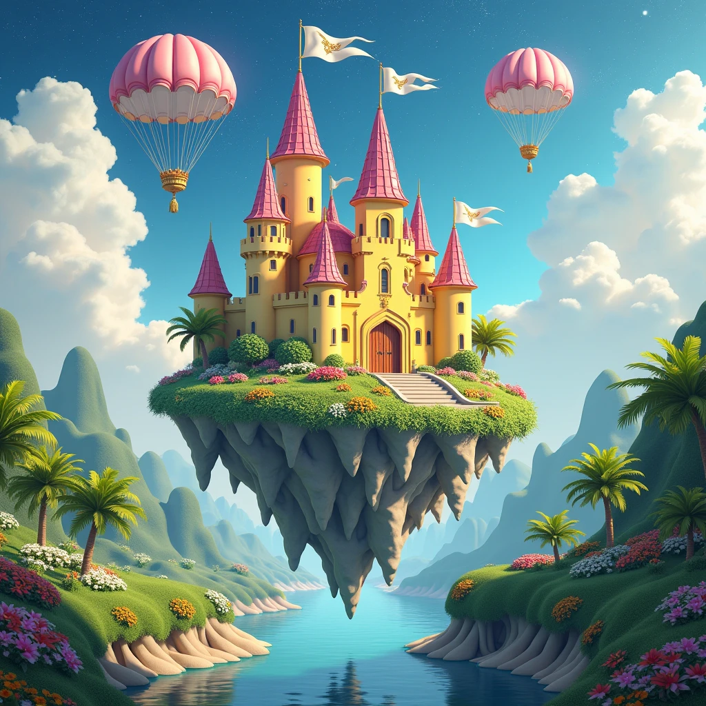 Create high resolution/4K A medieval style yellow-pink Castle floating on a island in the sky with white flag and lush green surrounding it, red-yellow-white flower surrounding it, door is golden color, courtyard and palm tree surrounding it, two parachute surrounding it, river water flow , flower surrounding it, hill's are lush green and hill's white-pink-red-yellow flower surrounding it, sky is galaxy, (no human/animal allowed in the frame), parachute land space, white-pink-red-yellow flower barricade the castle, river is flowing, 