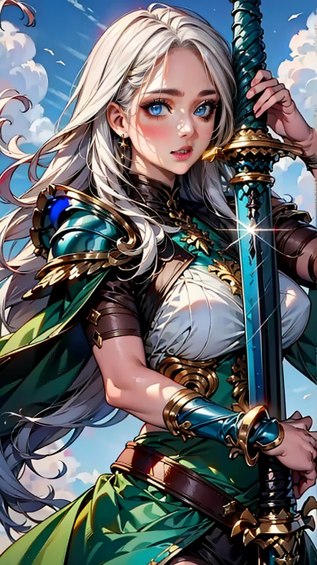 (hailoknight, Solo, 1girl wearing blue armor, beautiful turquoise eyes, long white hair,  turquoise wings, holding giant turquoise energy sword infront of her, holding sword:1.3), (simple glowing background:1.25)masterpiece, best quality, wide-angle, Hyperdetailed, masterpiece, best quality, 8k, natural lighting, soft lighting, sunlight, HDR (High Dynamic Range), Maximum Clarity And Sharpness, Multi-Layered Textures