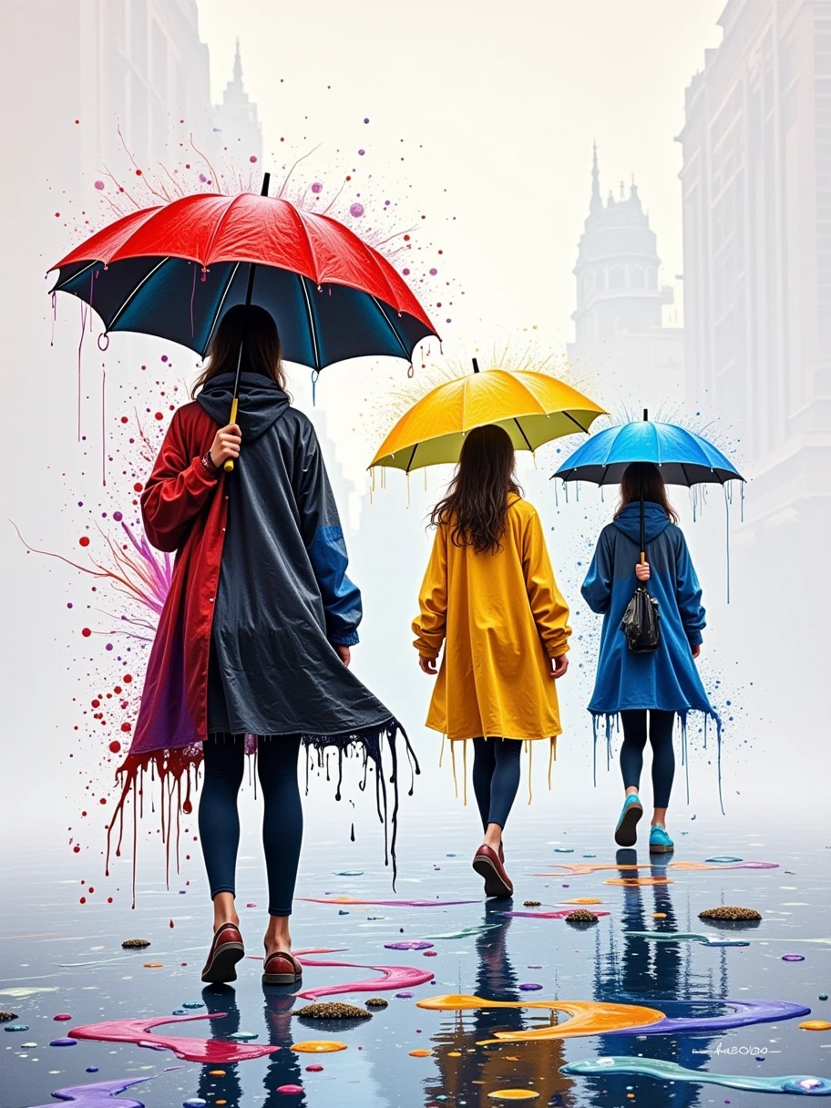 A captivating abstract painting depicting a line of individuals, each holding a vibrantly colored umbrella - red, blue, yellow, and black - as they traverse the rainy landscape. The figures, donning raincoats, are portrayed with a loose, expressive style, creating an atmosphere of movement and energy. Set against a stark white background, the artwork captures the essence of a gloomy, rainy day, with splashes of black and white further enhancing the mood. Crated by Sasan