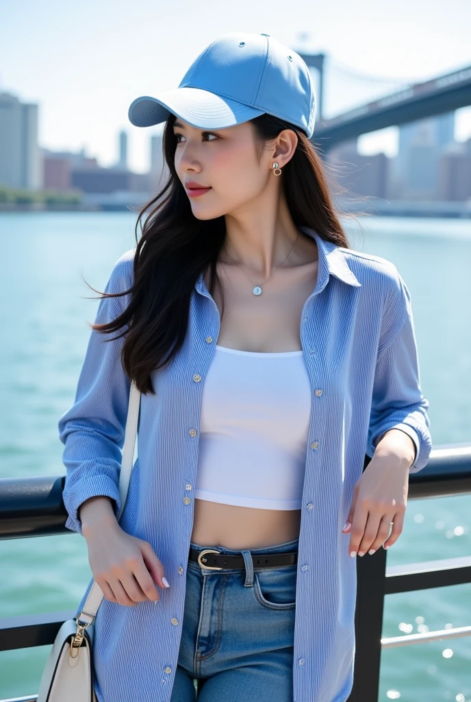 A medium shot of an attractive young Asian woman with long, dark hair, wearing a light blue baseball cap, a vertically striped blue and white oversized button-down shirt, a white crop tank top, and denim jeans. She carries a white handbag over her left shoulder. She's looking off to the left of the frame. She is leaning against a railing overlooking a body of water, with a city skyline and a bridge visible in the background. The overall lighting is bright and sunny, suggesting a daytime scene. The focus is on the woman. The image appears to be from a social media platform, possibly a selfie or a photo taken by someone else.