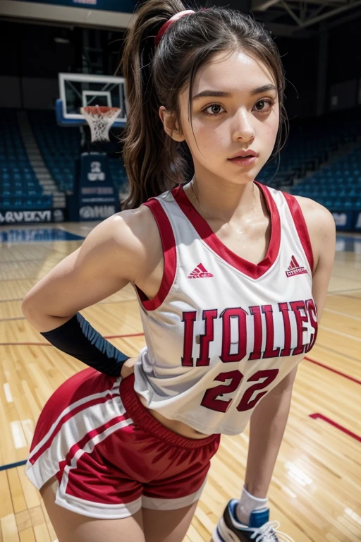 (8k、top-quality、masterpiece:1.2)、(realisitic、Photorealsitic:1.37)、ultra-detailliert、top-quality、超A high resolution、professionally lit、Photon Mapping、Radio City、physically-based renderingt、Cinematic Lighting、Basketball court,depth of fields,Focusing,Sun'rays,Good composition,(Bokeh:1.2),女の子1人,(full bodyesbian),(Keep your mouth shut),Beautiful eyes,the pose,Constriction,Basketball Uniforms,A dark-haired,Unkempt hair,long hair flowing with the wind,(ulzzang-6500:1.2) mix4, hiqcgbody、One Woman Sensational、barechested