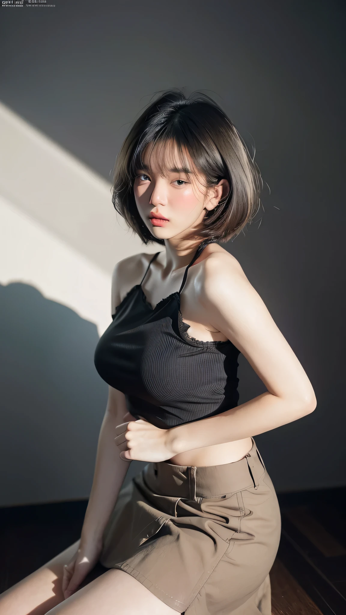 Magazine design，Fashion magazine, ( dark background) , 21yo girl, gray hair, bob hair, bang hair, (wearing blouse and skirt), natural medium breast, plump body,single sidelock hairpin blush, modern cinematic lighting, ray tracing, drop shadow wide shot UHD, textured skin, high details, best quality 4K,, setup face, sad.”
