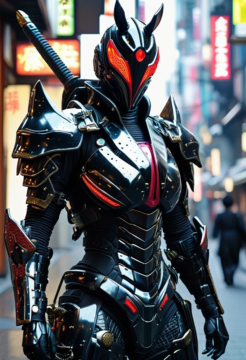  a giraffe in a black suit with a sword and a sword,  cyborgサムライ,  Cyber Japan Samurai Armor ,  Cyberpunk Samurai , very beautiful  Cyberpunk Samurai , Complete samurai armor Godzilla  , textured skin,  super detailed,   High Details  ,  High Quality , 最 High Quality ,  high definition , 1080P,  hard disk , Gorgeous beauty,( Kamen Rider ),(Mask Off),(Female rider), bodysuit with mouth,Combat Suit,Transformation Belt,BATTLE MODE,metal,Transform into  Kamen Rider , cyborg