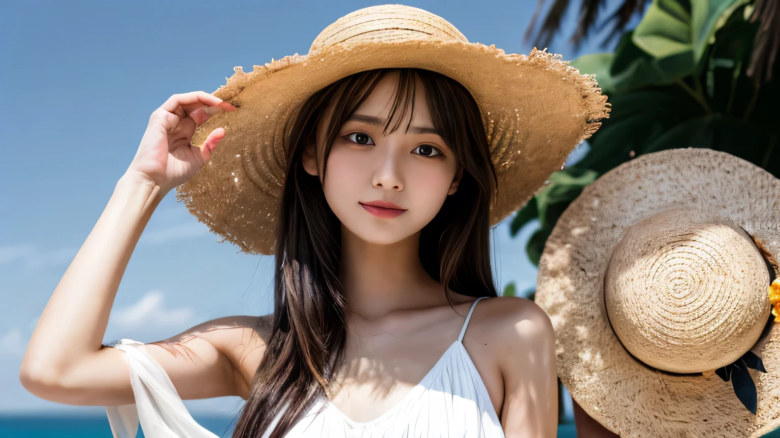 (top-quality、8K、32K、masuter piece、nffsw:1.2)、(((fully body photo))), (((Incredibly cute))), Sexy pose with legs spread on beach floor, tall, slender, pumps, ((Fuji Film)), Very bright scene, (((A smile))), Large, ((Patchy eyes)), extremely bright backlight, Solo, {Beautiful and detailed eyes} Big breasts, Beautiful and detailed body, Long hair, Bright sunshine, Natural and soft light, Hair fluttering in the wind, Delicate features, nffsw_nffsw, White swimwear, Dull bangs, Beautiful japanese girl, With a smile in your eyes, Small earrings, masutepiece, Highest Quality, Realistic, Original photo, 1 girl, Big hips, Fine skin, Koyongjeong, Detailed face, Real Hand, Patchy eyes, Detailed eyes, strong breeze, wind blown hair, Coral reef sea