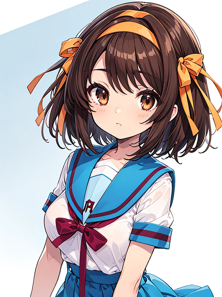 haruhisuzumiya, brown eyes, brown hair, medium hair, hair ribbon, hairband, kita high school uniform, serafuku, sailor collar, white shirt, short sleeves, Blue skirt, haruhi, upper body
