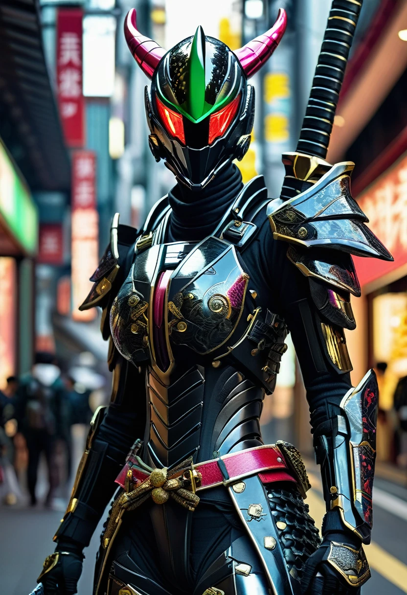  a giraffe in a black suit with a sword and a sword,  cyborgサムライ,  Cyber Japan Samurai Armor ,  Cyberpunk Samurai , very beautiful  Cyberpunk Samurai , Complete samurai armor Godzilla  , textured skin,  super detailed,   High Details  ,  High Quality , 最 High Quality ,  high definition , 1080P,  hard disk , Gorgeous beauty,( Kamen Rider ),(Mask Off),(Female rider), bodysuit with mouth,Combat Suit,Transformation Belt,BATTLE MODE,metal,Transform into  Kamen Rider , cyborg