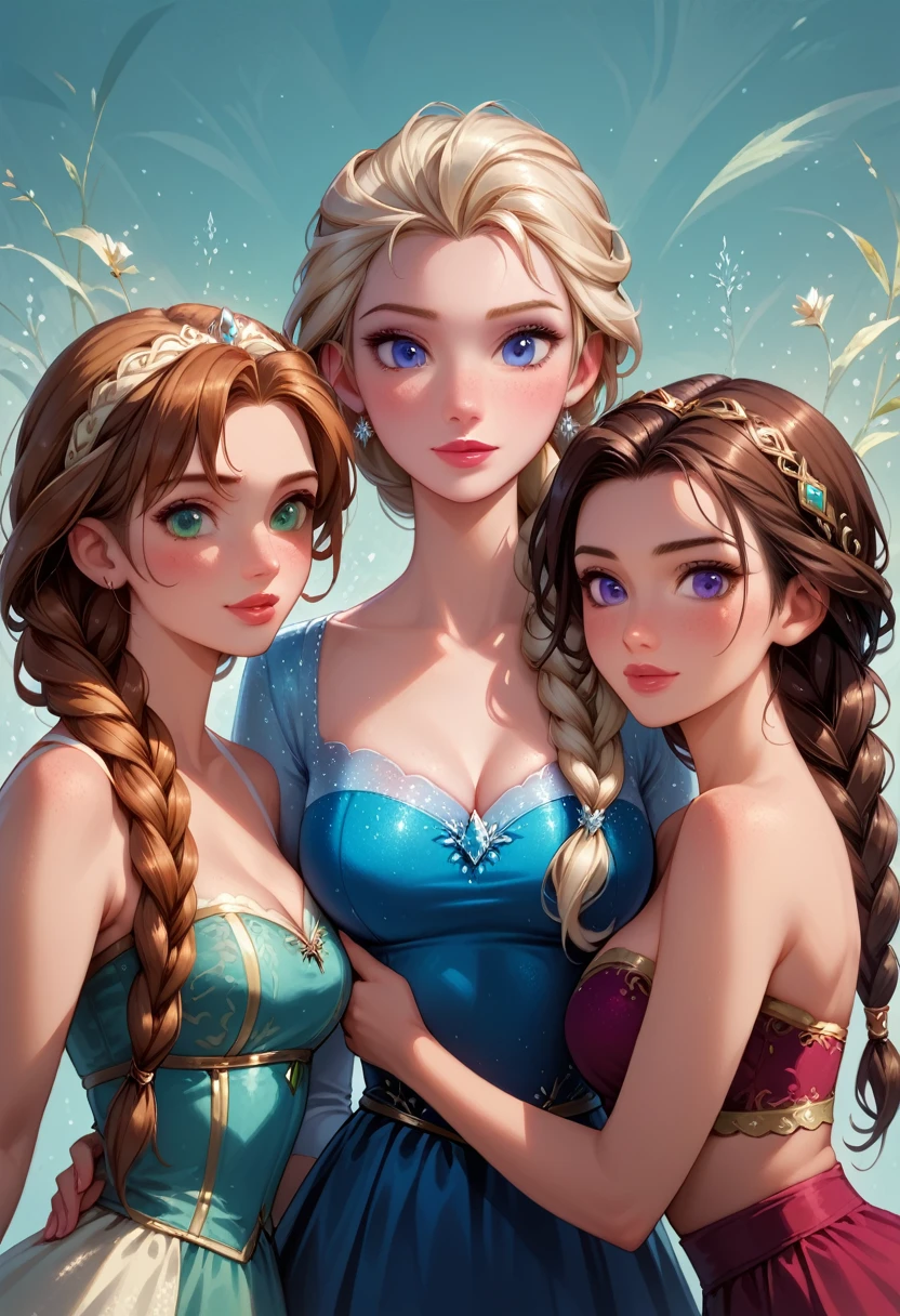 score_9, score_8_up, score_7_up, score_6_up, rating_questionable, 3girls, trio, beautiful waifu, (Anna, brown hair, green eyes, braided pigtails:1.3), (Elsa, blonde, blue eyes, braid:1.2), and (Megara, brown hair, purple eyes, ponytail:1.4), embracing, wearing (tight skirt, tube top:1.1), eyes half-closed, filled lips, thick lips, detailed eyes, detailed face, dimly lit, perfect hands, (Hand, detailed, perfect, perfection, hands:1.2), perfect proportions, simple background, (cowboy shot:1.4).