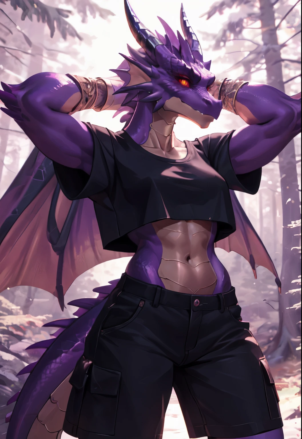 exquisite portraits,dragon,Humanity,woman,alone,Empty,Detailed background,By Carme 3,three quarter view,forest,crop top,cargo shorts,red sclera,yellow eyes,Purple accent,glowing accents,Put your hands behind your head,