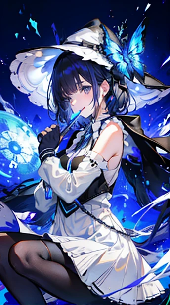  1 girl ， owl under guard， solo， flute， Iris， white blouse ，   long black hair，   mitts multicolor ，  light particles ，  Close Her Mouth and Smile ，  starry sky ，  wizard hat ，  sleeveless， Bare shoulders， With bangs， Side view ，（ She is wearing a black hooded trench coat， with fluff ）， Head tilt，  beautiful detailed eyes，  detailed background，  black long socks