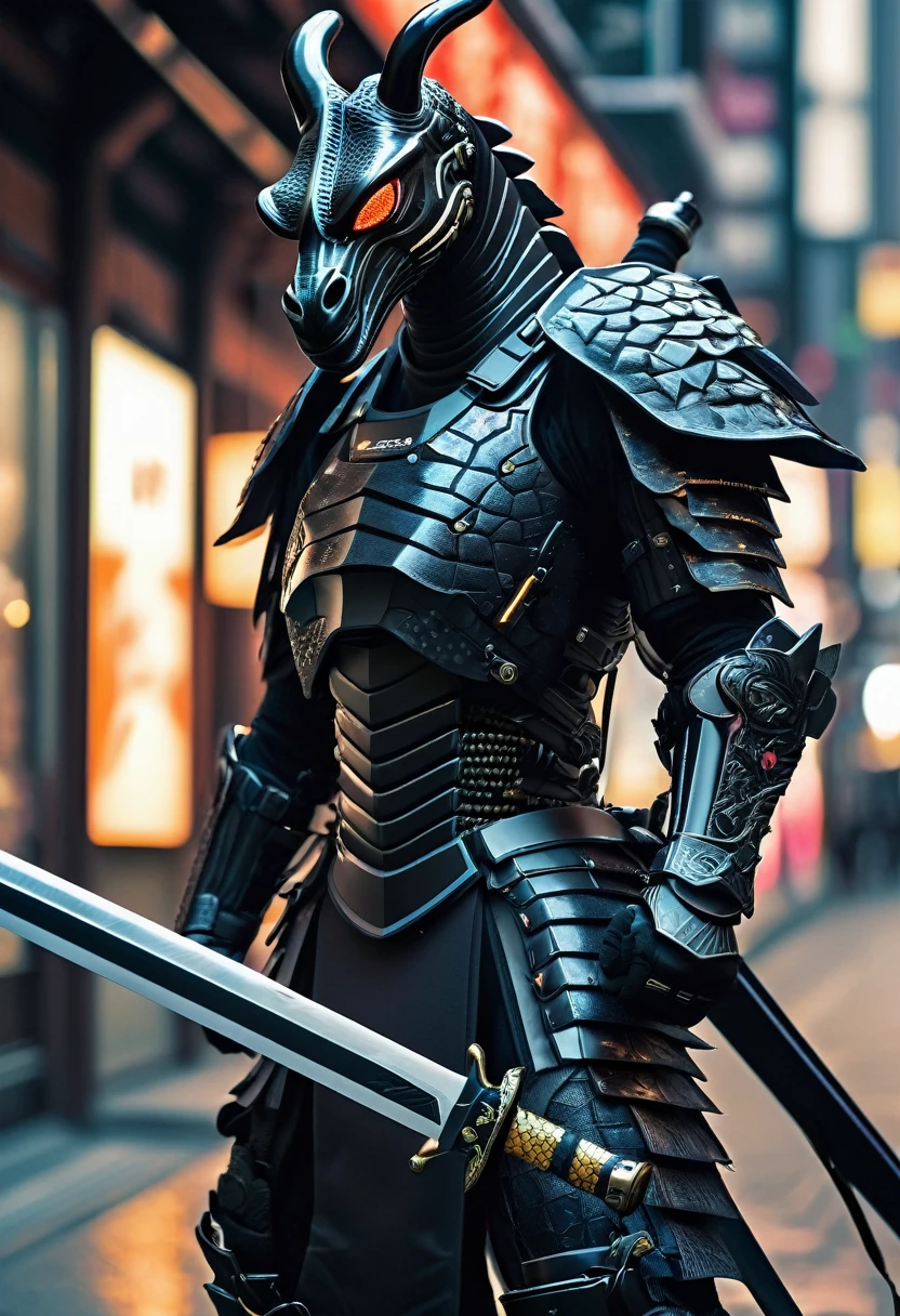  a giraffe in a black suit with a sword and a sword, Cyborg Samurai,  Cyber Japan Samurai Armor ,  Cyberpunk Samurai , very beautiful  Cyberpunk Samurai , Complete samurai armor Godzilla  , textured skin,  super detailed,   High Details  ,  High Quality , 最 High Quality ,  high definition , 1080P,  hard disk , Gorgeous beauty,(Mask Off), bodysuit with mouth,Combat Suit,Transformation Belt,BATTLE MODE,metal,Transform into ,( is slashing at you with a sword),((A man with dark hair )),(( black mask ))