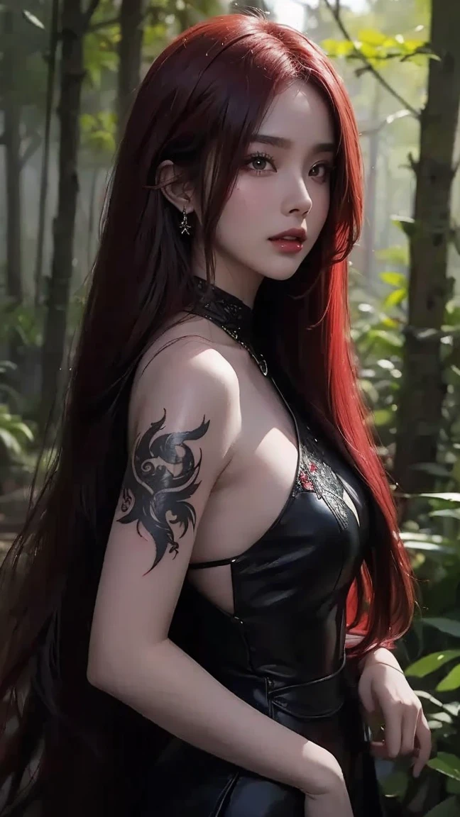 "Transport yourself to a world of fantasy and wonder with this visually striking digital artwork. A mysterious woman with long red hair and a captivating black outfit stands amidst a lush forest, her body adorned with intricate tattoos that seem to come to life under the glowing sun."