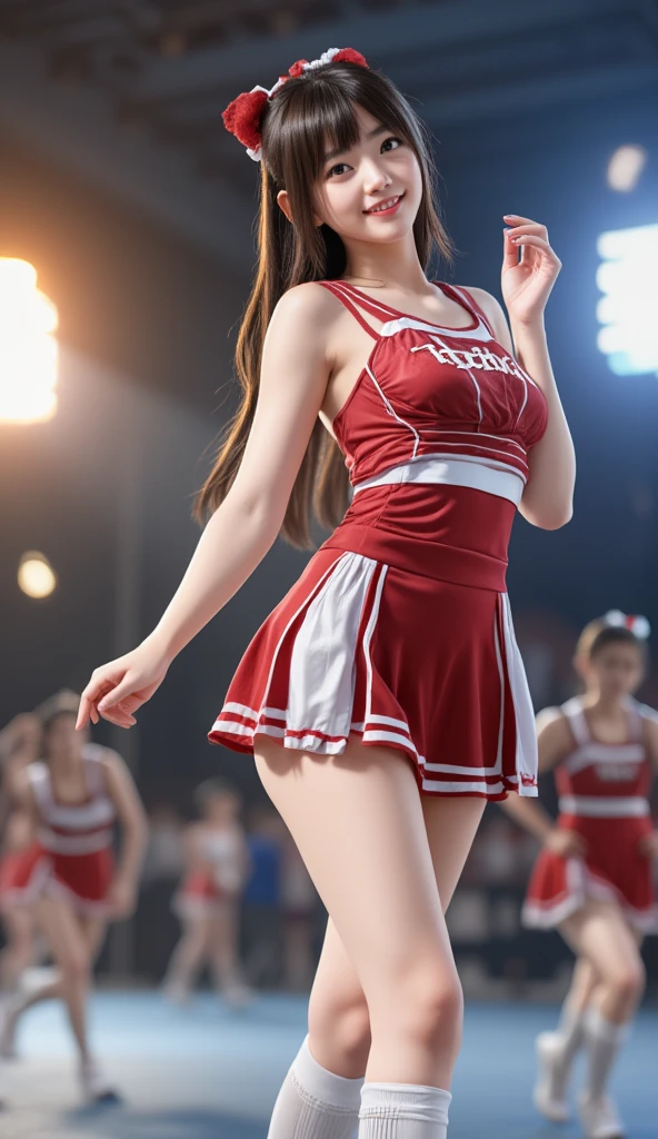 Cheerleader,Smile,  cheer leading ,Cheerleader uniform, (((masterpiece))), ((( best quality ))), ((Super Fine)), (illustration), (( A pair of extremely exquisite and beautiful  )),(Bokeh, Blur Background ),( best shadow), 1 Girl, white panties ,  dark haired,  long hair, Kawaii, cute,Change,  makes the highlight shine in the eye , Character focus ,Head tilt,