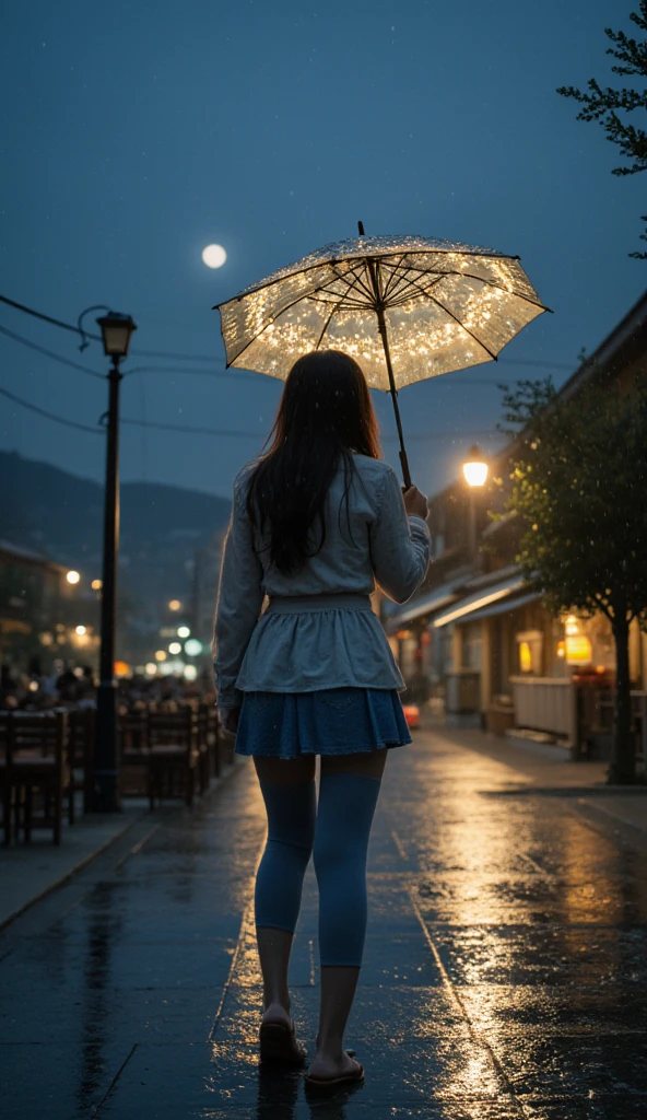  on the playground in the rain ,  girl hits the umbrella above her head , Another hand holding an umbrella ,  blue denim leggings ,  masterpiece night moon full moon 1 mature woman ,  Chinese style lady with cold face, silver white long hair, pale pink lips, calm and intellectual, three-band gray elementary school student, assassin with lantern flower ball background, walking through the street scene, Long hair shawl,