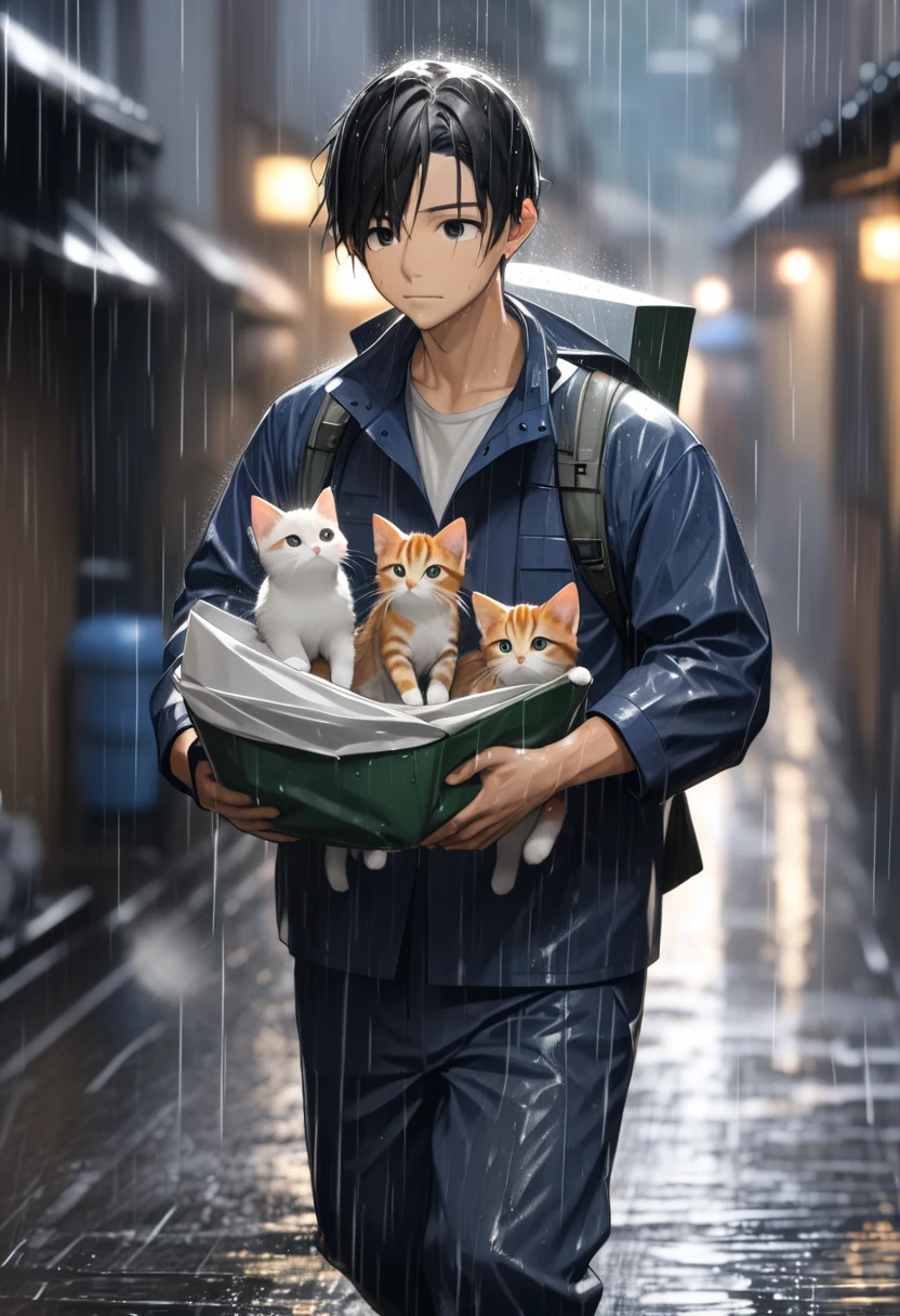 dark haired young man"Asuka"A composition of holding a small kitten in the rain as an alley cleaning job,(( motion blur:2.5 , Rain filter effect :2.0 ,  Background Blurred )) 優し気な表情のAsuka ,  2D digital art with a hearty atmosphere 