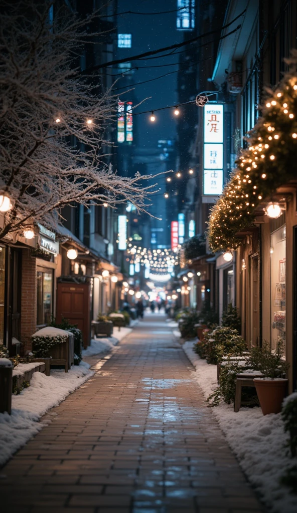 ( no one), unattended ,  no one, landscape, winter,  Christmas, City, Tokyo,  sidewalks along the street, snow, Light Up, night,  HD Details , Super Fine, Movie,  super realistic, Soft Light,  deep focus blurry ,  ray tracing ,  art station pixivgwise, Shinkai Makoto, Art bud