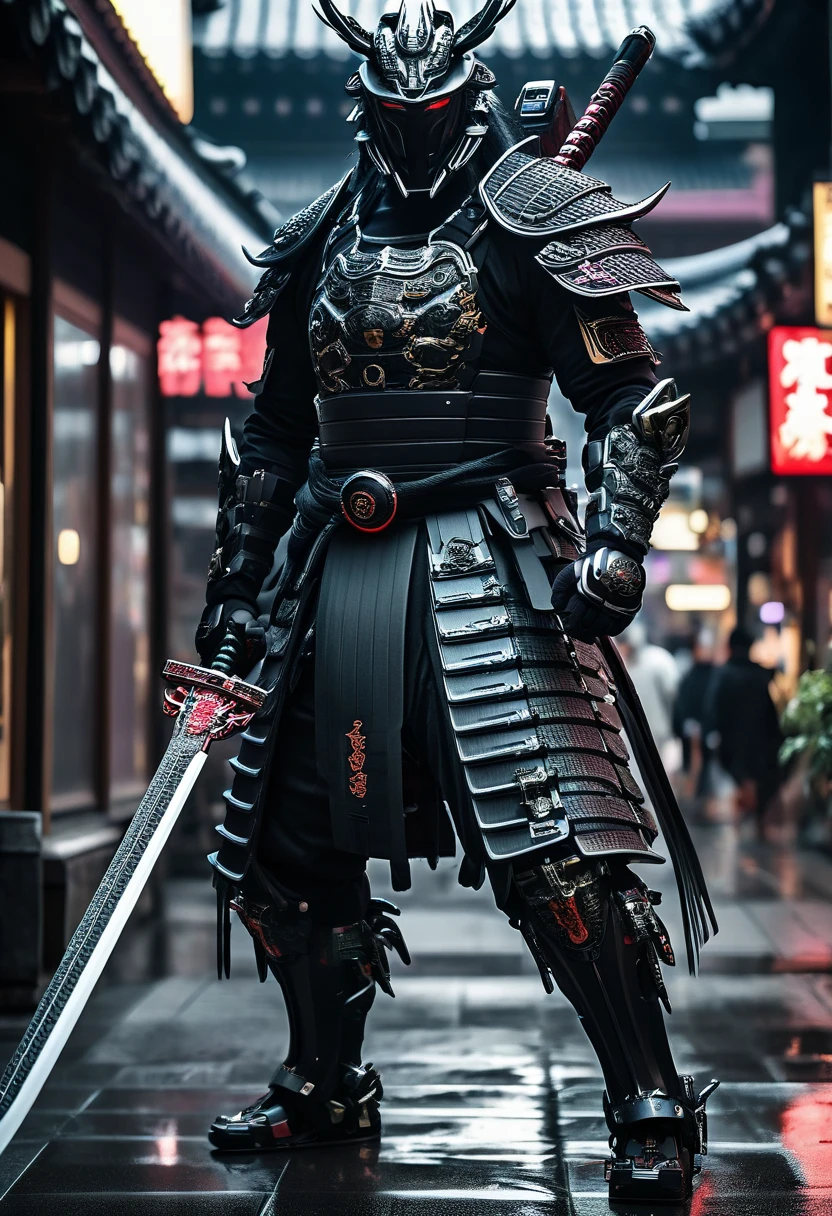 A man in a black suit with a sword and a sword, Cyborg Samurai,  Cyber Japan Samurai Armor ,  Cyberpunk Samurai , very beautiful  Cyberpunk Samurai , Complete samurai armor Godzilla  , textured skin,  super detailed,   High Details  ,  High Quality , 最 High Quality ,  high definition , 1080P,  hard disk , Gorgeous beauty,(Mask Off), bodysuit with mouth,Combat Suit,Transformation Belt,BATTLE MODE,metal,Transform into ,( is slashing at you with a sword),((A man with dark hair )),(( black mask ))